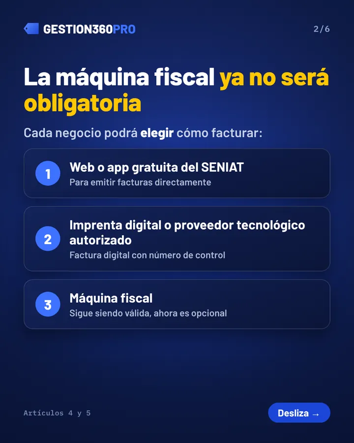 La máquina fiscal ya no será obligatoria: web o app del SENIAT, imprenta digital o máquina fiscal.